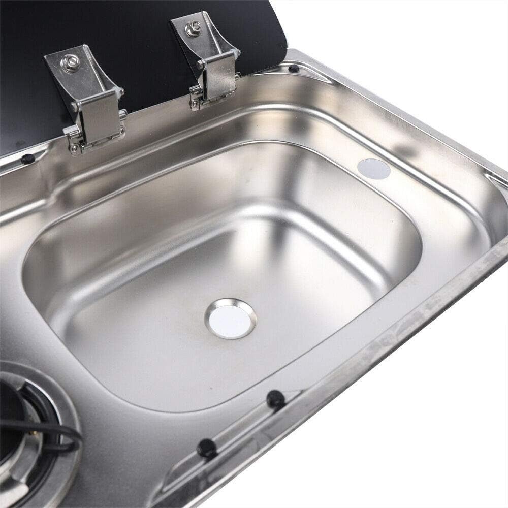Evier combiné 2 feux gaz - Inox / Verre trempé - LxP : 77x36 cm - Vanlife-Store