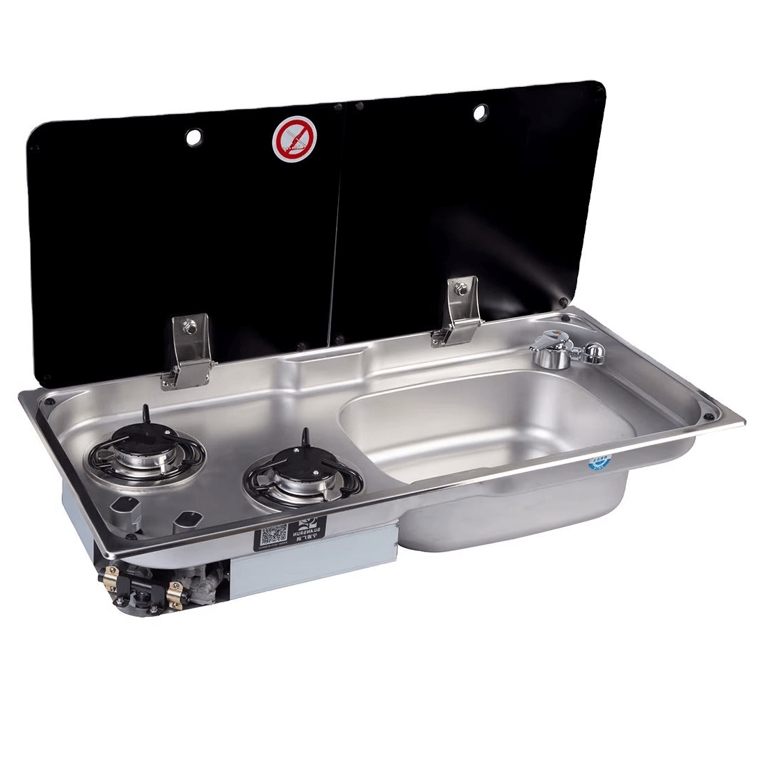 Evier combiné 2 feux gaz - Inox / Verre trempé - LxP : 77x36 cm - Vanlife - Store