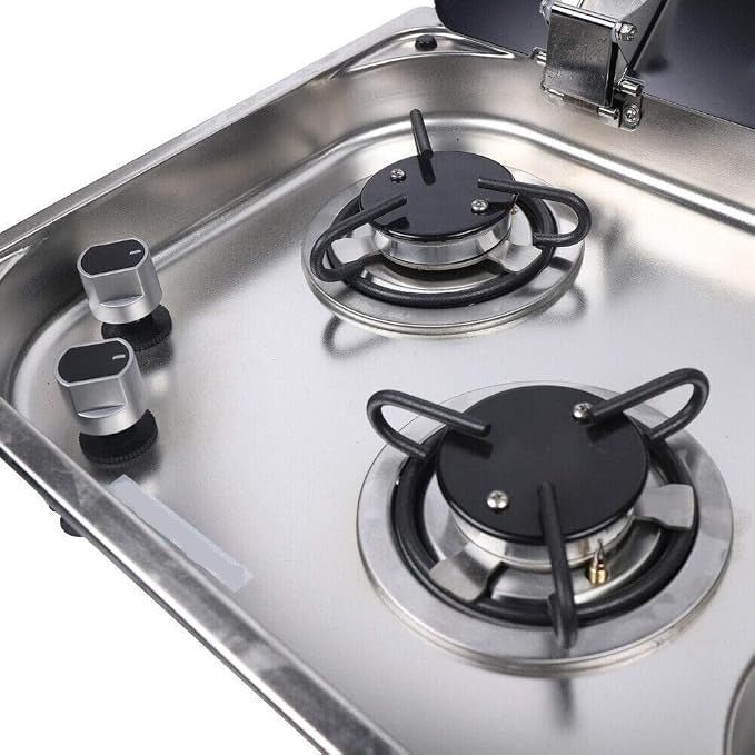 Evier combiné 2 feux gaz - Inox / Verre trempé - LxP : 77x36 cm - Vanlife-Store