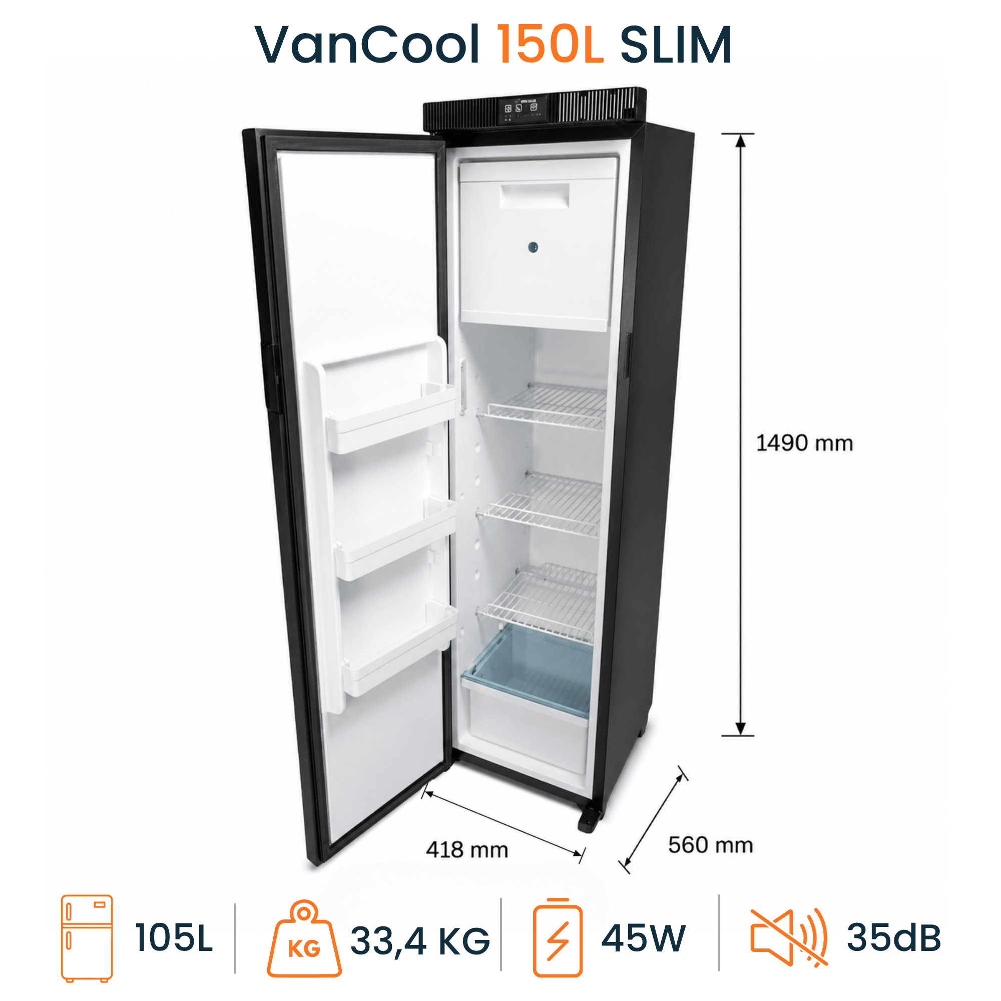 VanCool 150L SLIM - Réfrigérateur / Congélateur à compression 12/24v (149×41×56 cm) - Vanlife-Store