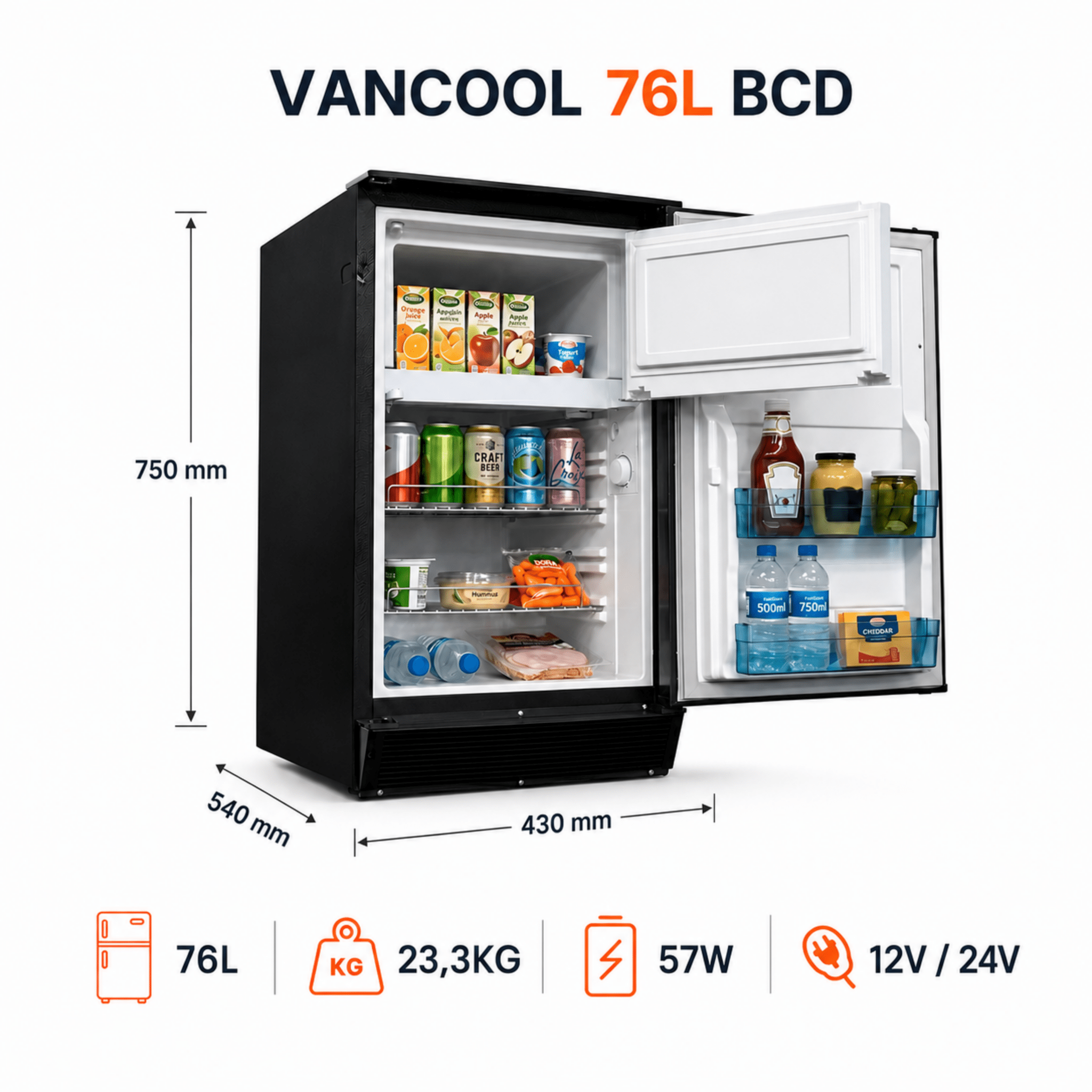 VANCOOL 76L BCD Réversible - Frigo 12V à compression – HxLxP : 75x43x54cm - Vanlife-Store