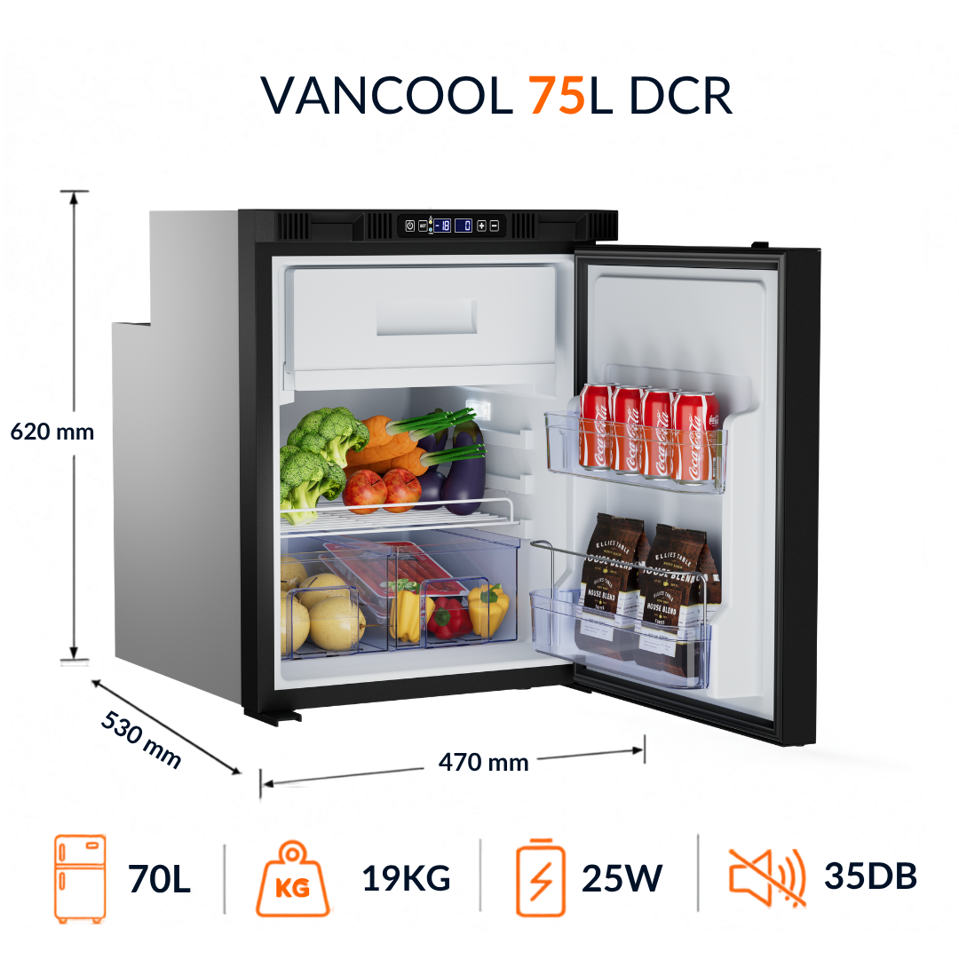 VanCool Kühlschrank 75 L für Camper & Wohnmobile 12/24V – HxBxT: 62x47x53 cm