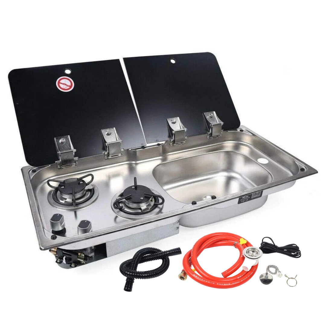 Fregadero combinado con 2 fuegos de gas - Acero inoxidable / Vidrio templado - LxP: 77x36 cm