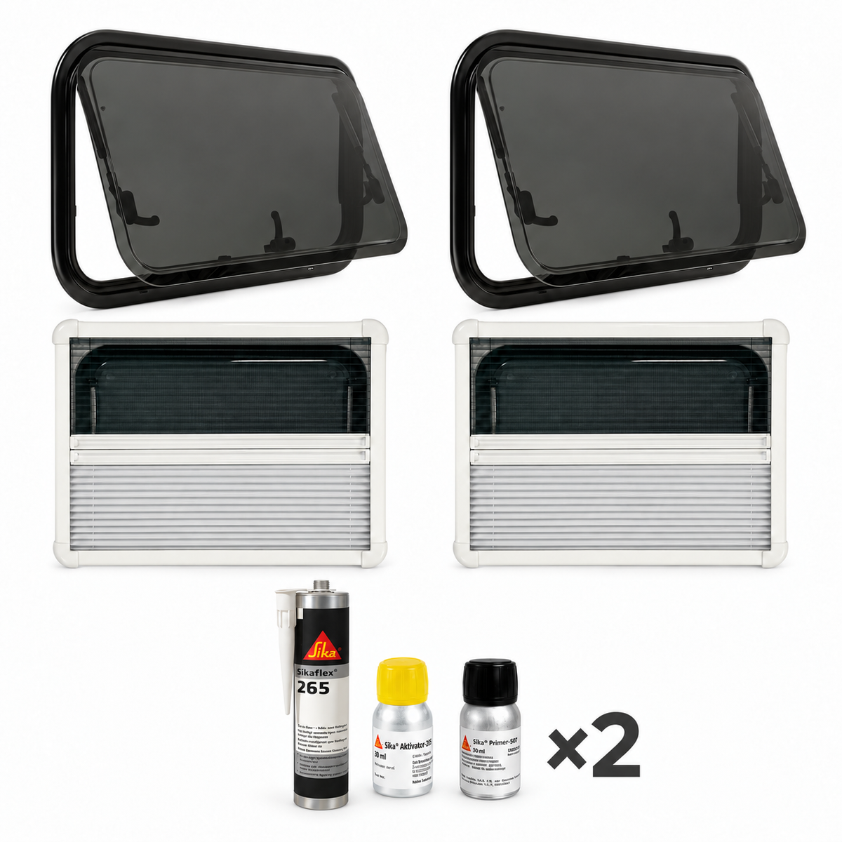 Pack fenêtres SHADE : deux fenêtres latérales fumées avec stores et moustiquaires, un kit Sika illustré en quantité deux