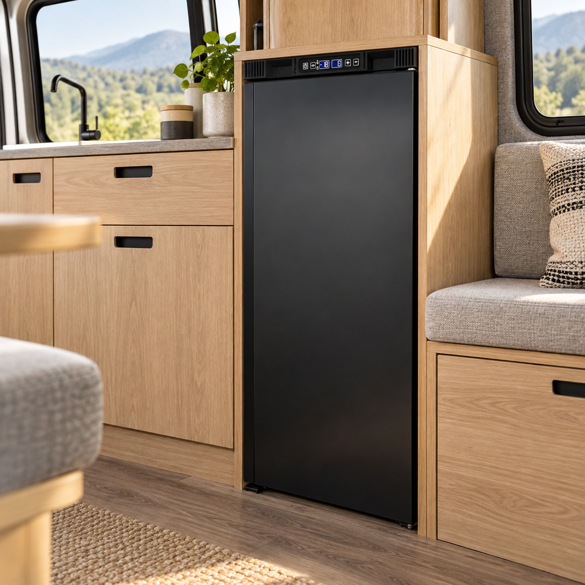 Réfrigérateur VanCool 90L DCS installé dans un van – porte fermée