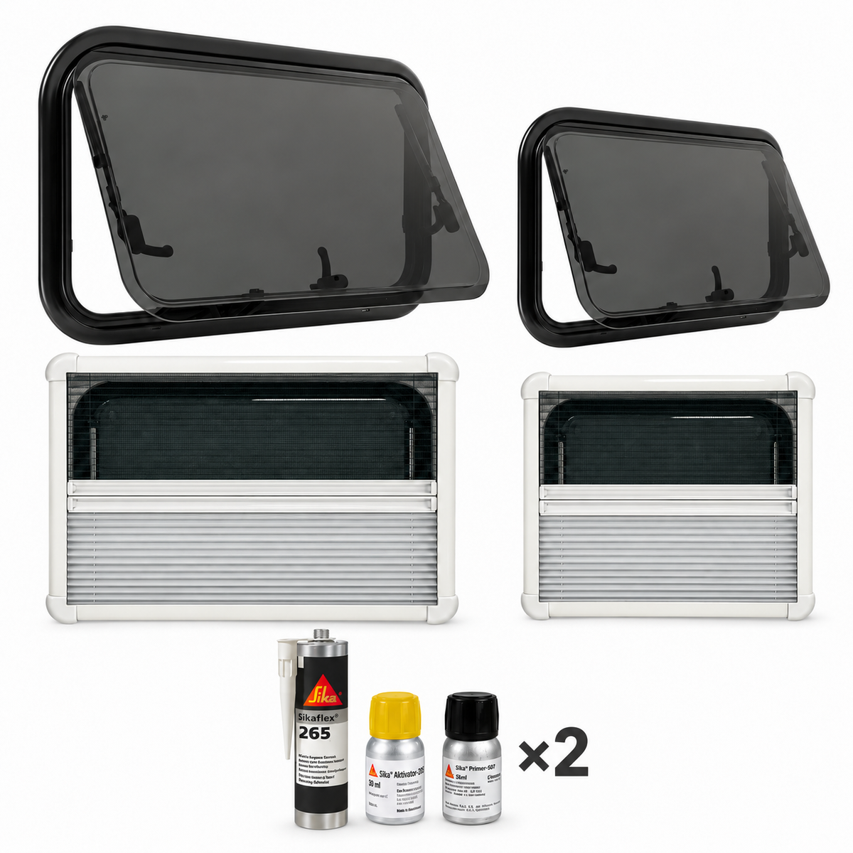 Pack fenêtres SHADE : une fenêtre latérale et une fenêtre arrière fumées avec stores et moustiquaires, un kit Sika illustré en quantité deux