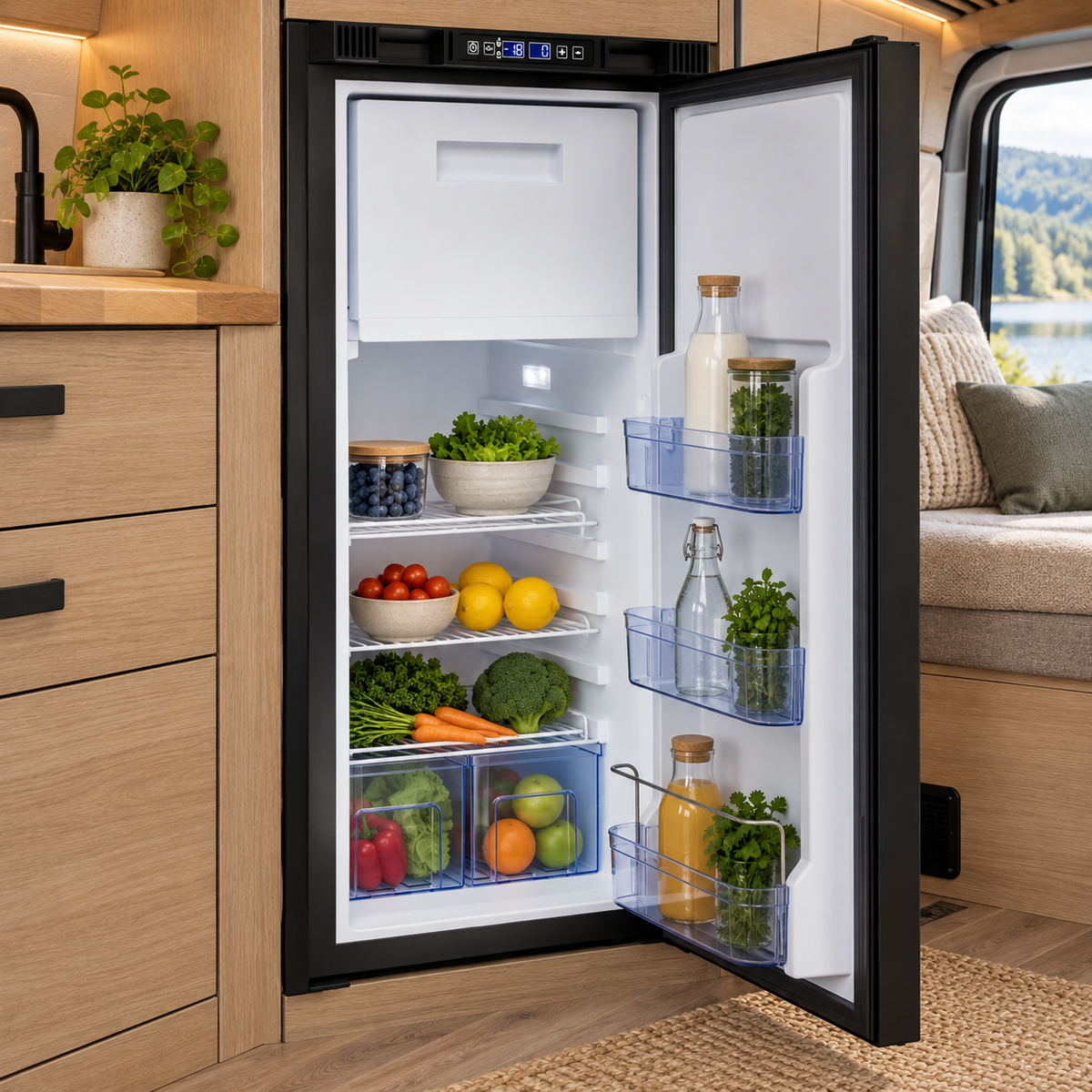 Réfrigérateur VanCool 90L DCS installé dans un van – porte ouverte