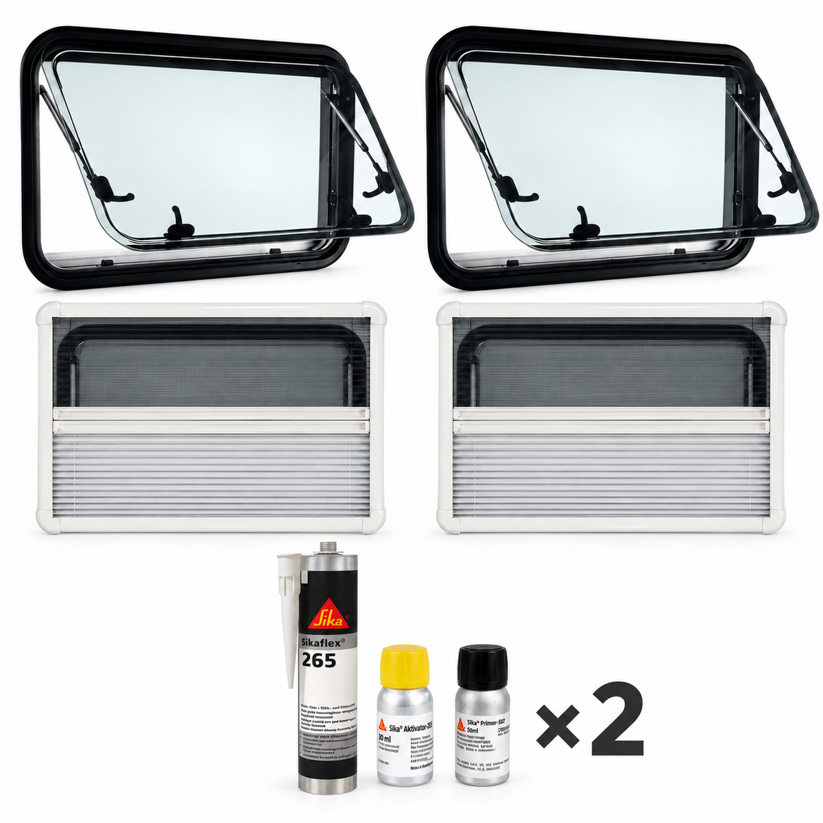 Pack fenêtres LIGHT : deux fenêtres latérales claires avec stores et moustiquaires, un kit Sika illustré en quantité deux
