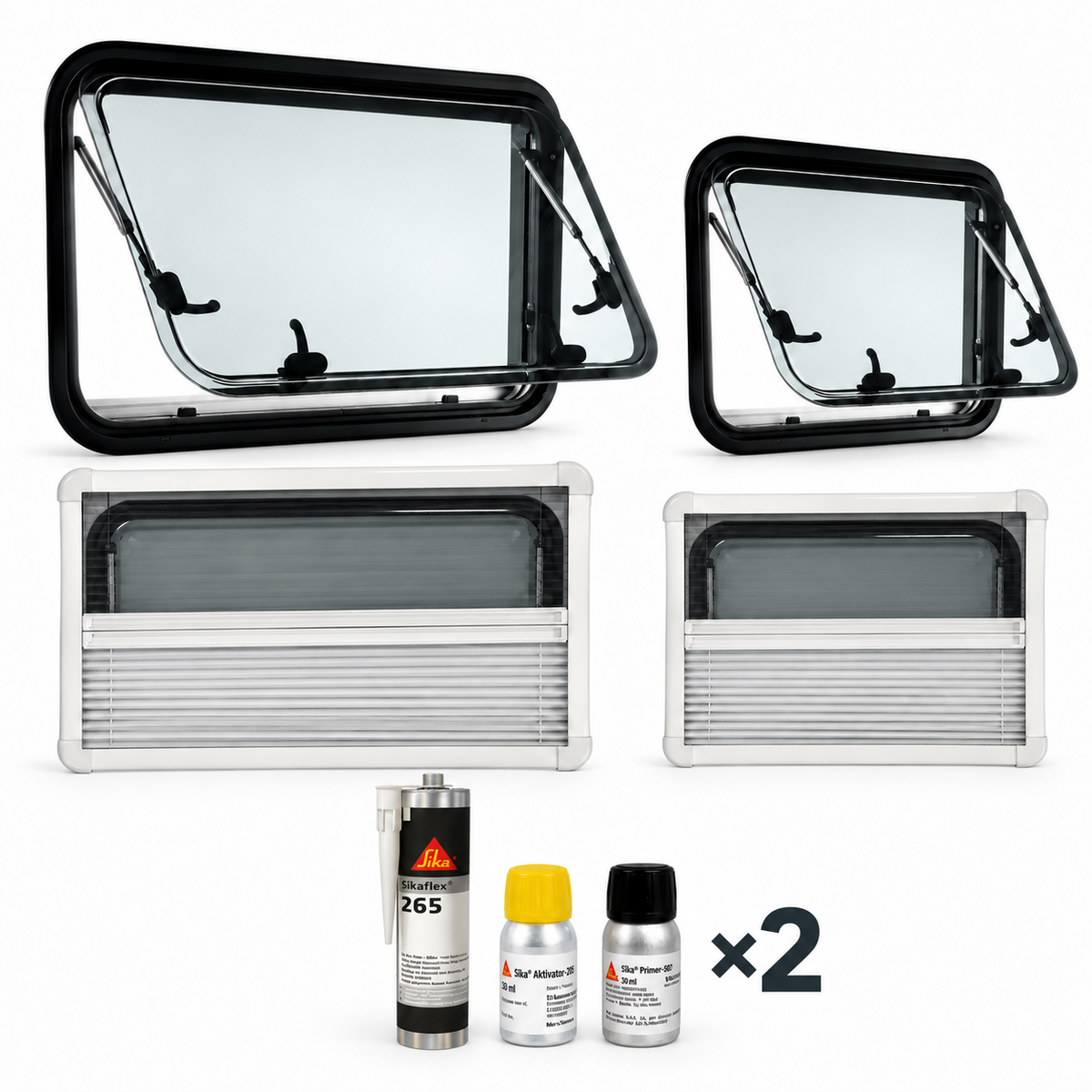 Pack fenêtres LIGHT : une fenêtre latérale et une fenêtre arrière claires avec stores et moustiquaires, un kit Sika illustré en quantité deux
