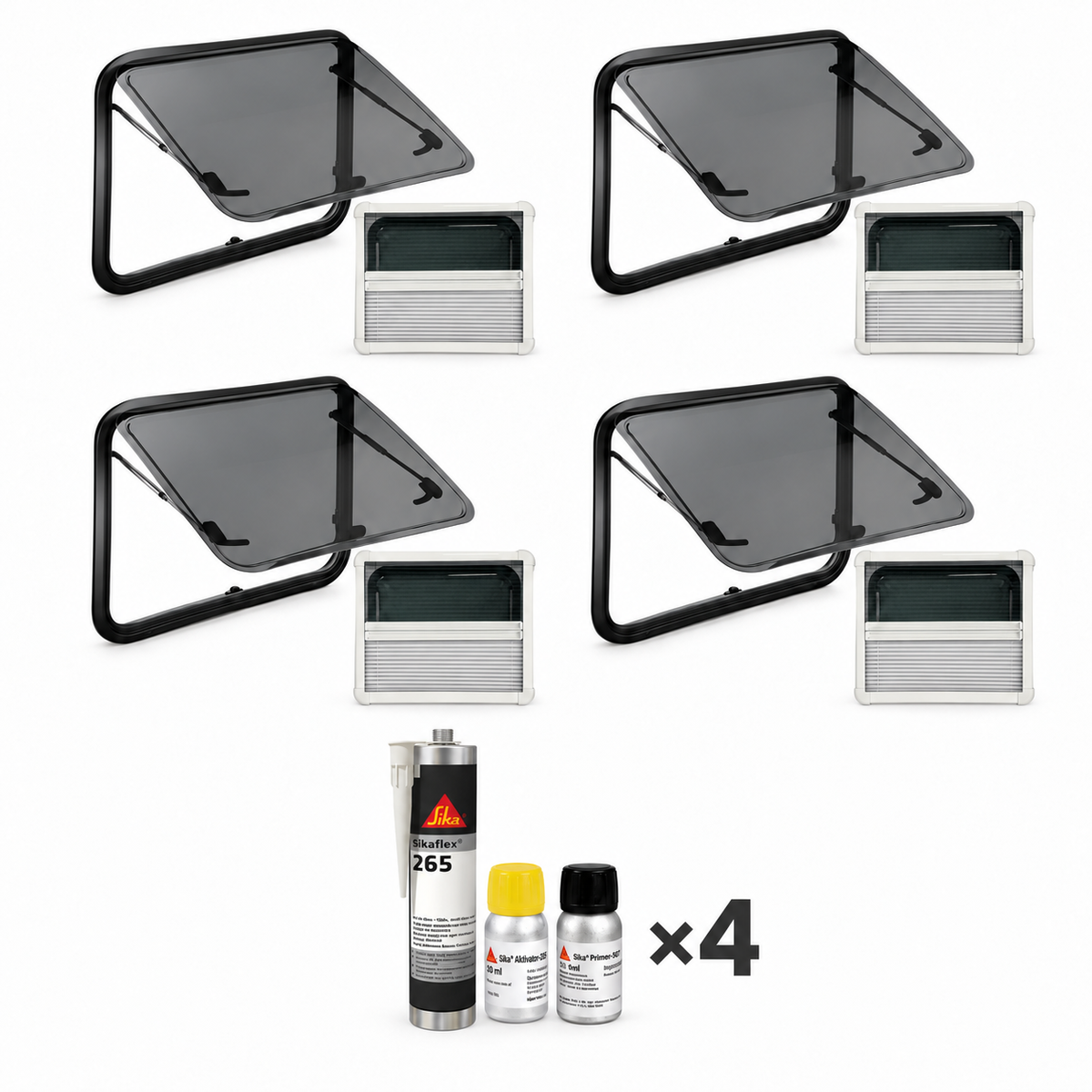 Pack fenêtres CURVE : quatre fenêtres galbées avec stores et moustiquaires, un kit Sika illustré en quantité quatre
