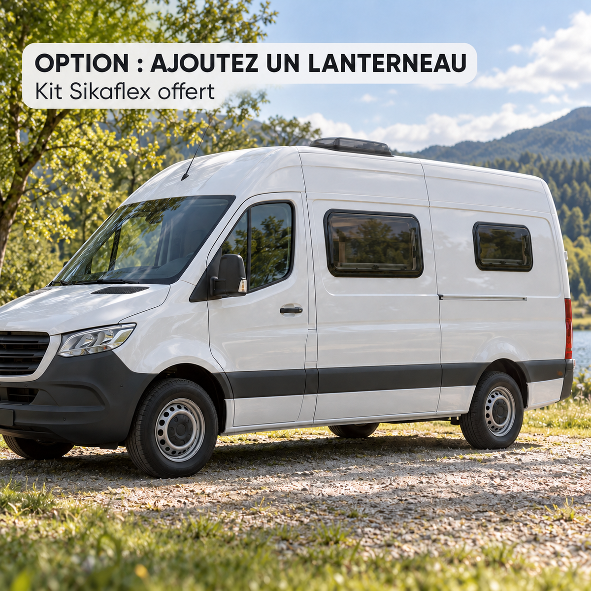 Option lanterneau sur van aménagé avec fenêtres posées et kit Sikaflex offert