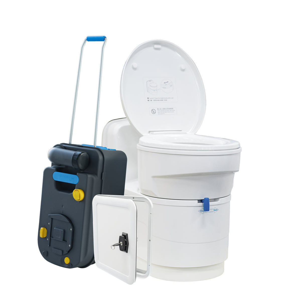 Toilettes cassette rotatives 12V avec cassette sur roulettes et portillon d'accès