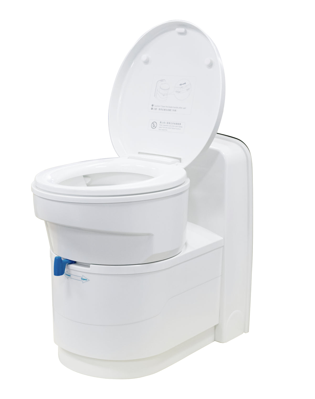 Toilettes cassette rotatives 12V – cuvette pivotée, abattant ouvert