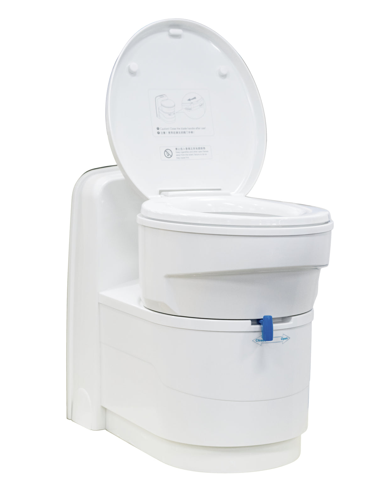 Toilettes cassette rotatives 12V – vue de trois quarts, abattant ouvert