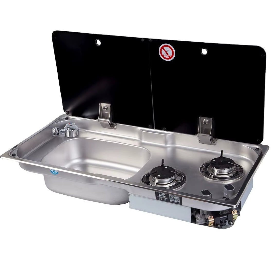 Evier combiné 2 feux gaz - Inox / Verre trempé - LxP : 77x36 cm - Vanlife - Store