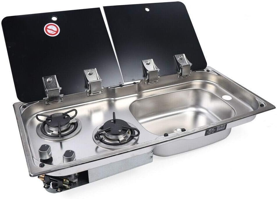 Evier combiné 2 feux gaz - Inox / Verre trempé - LxP : 77x36 cm - Vanlife-Store
