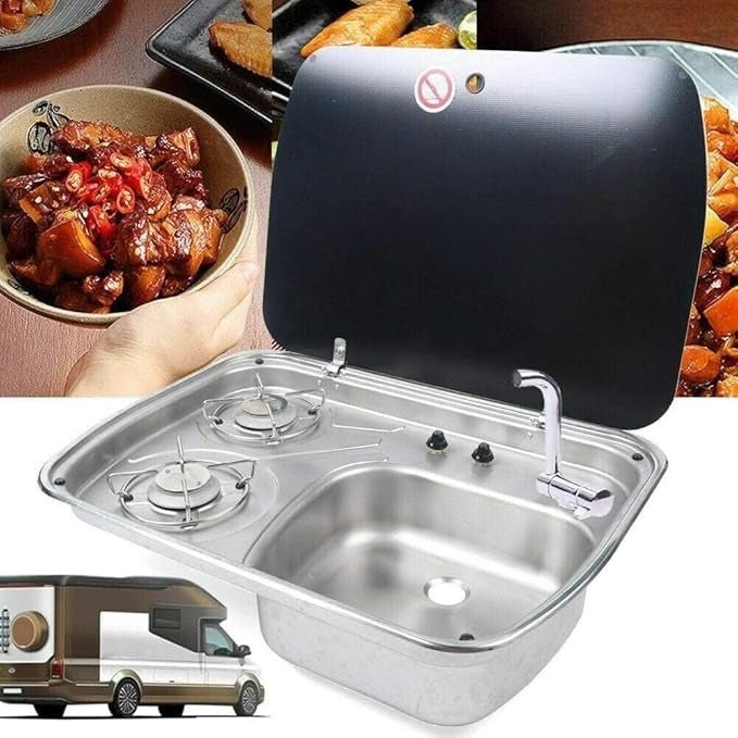 Evier Inox - Combiné Réchaud 2 feux gaz - LxP : 60x44 cm - Vanlife-Store