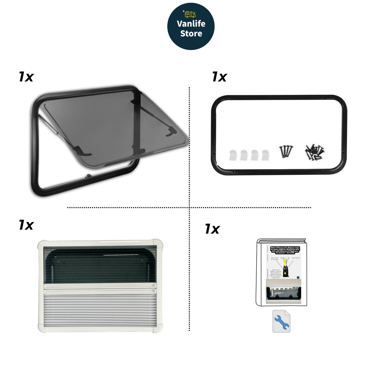 Fenêtre CURVE 960 x 450 - avec store et moustiquaire - Vanlife-Store