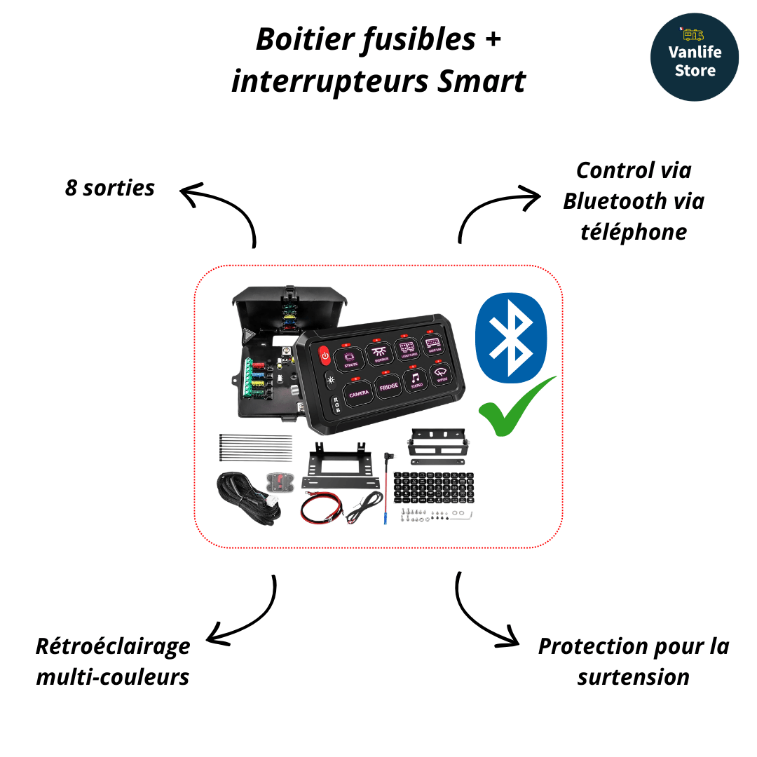 Kit complet électricité van aménagé - Avec schéma électrique - Interrupteurs Bluetooth - Sans convertisseur 12v - 230v - Vanlife - Store