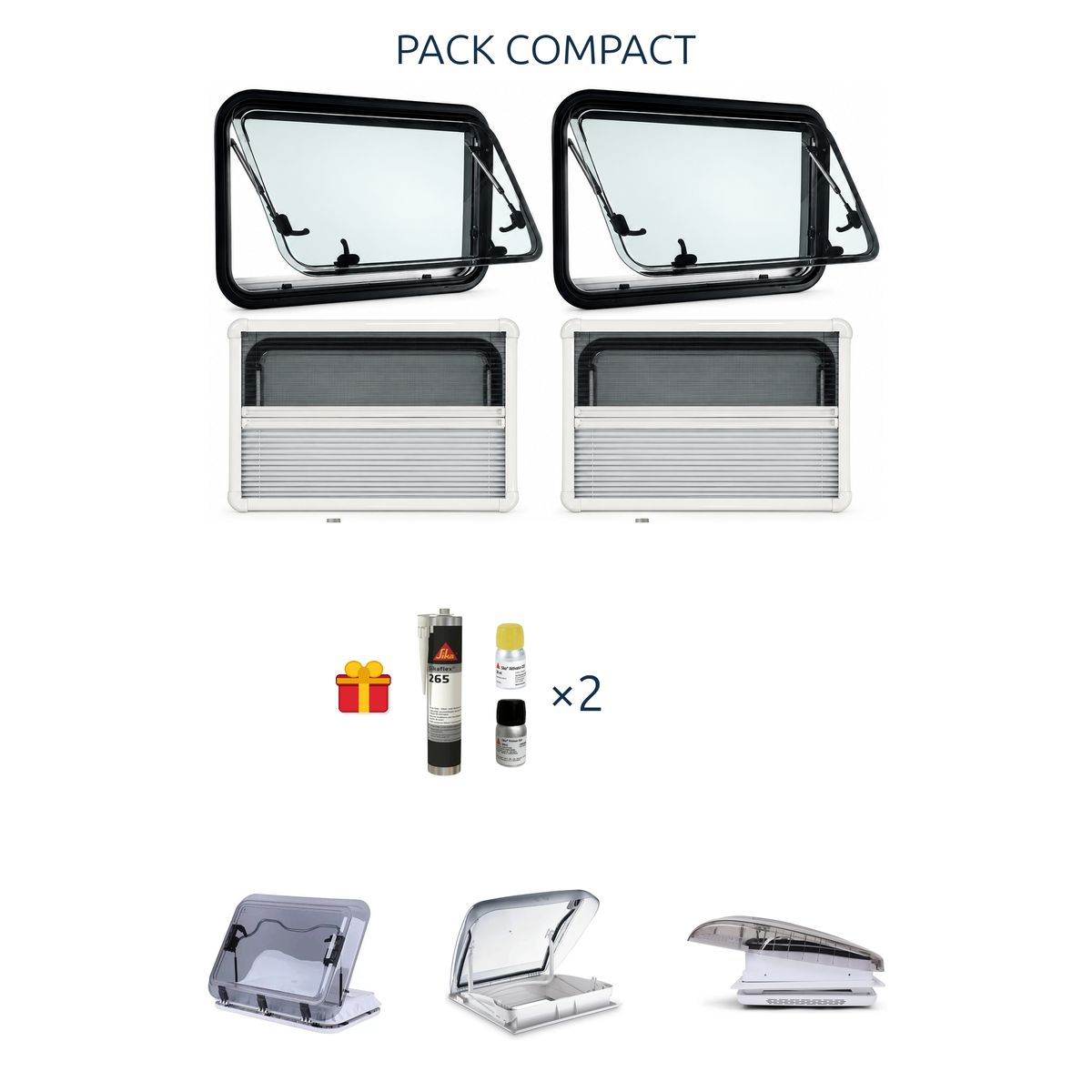 Visuel pack compact light 2 laterales options 3 lanterneaux sika x2 offert.png : fenêtres, cadres, kit Sika offert et options lanterneaux