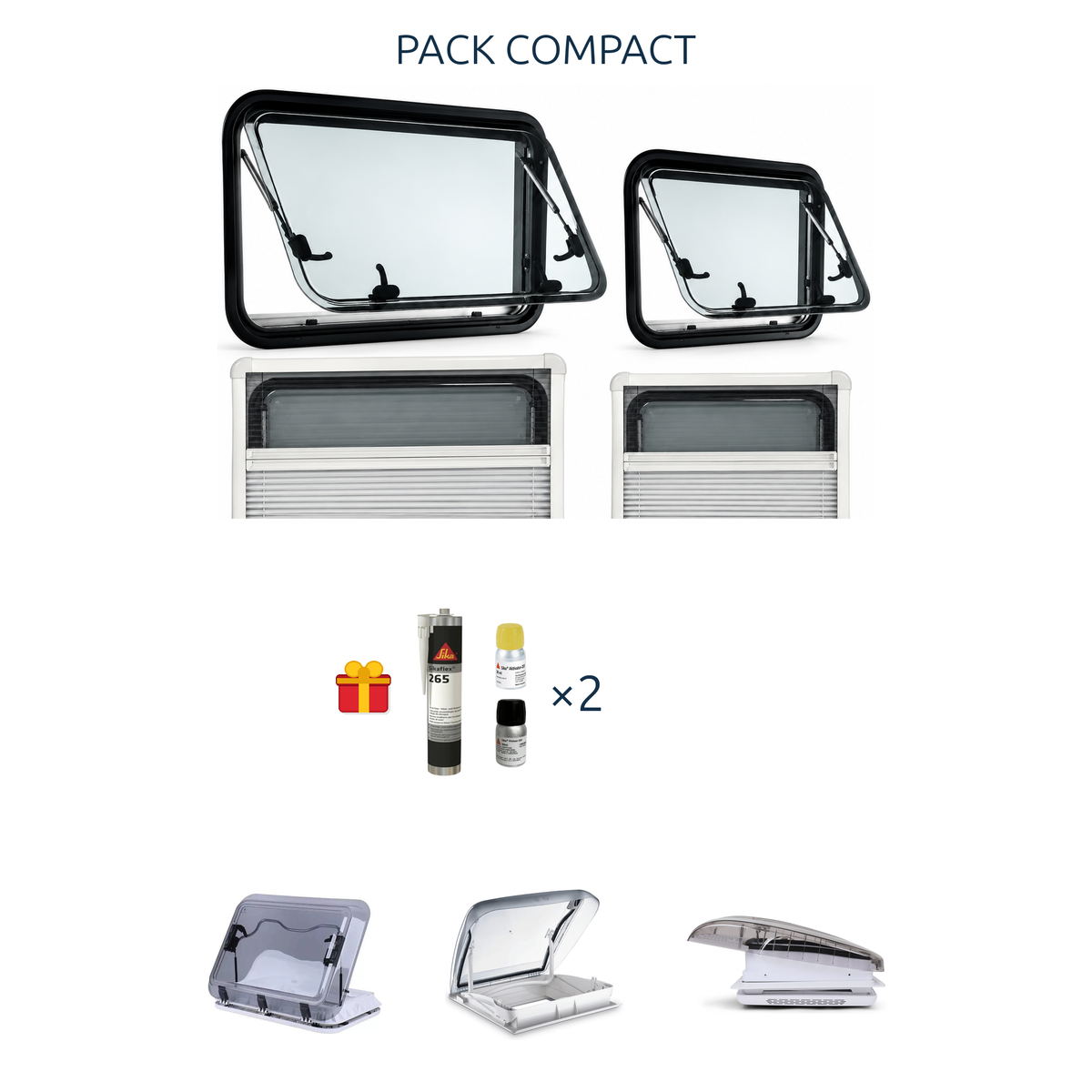 Visuel pack compact light laterale arriere options 3 lanterneaux sika x2 offert.png : fenêtres, cadres, kit Sika offert et options lanterneaux