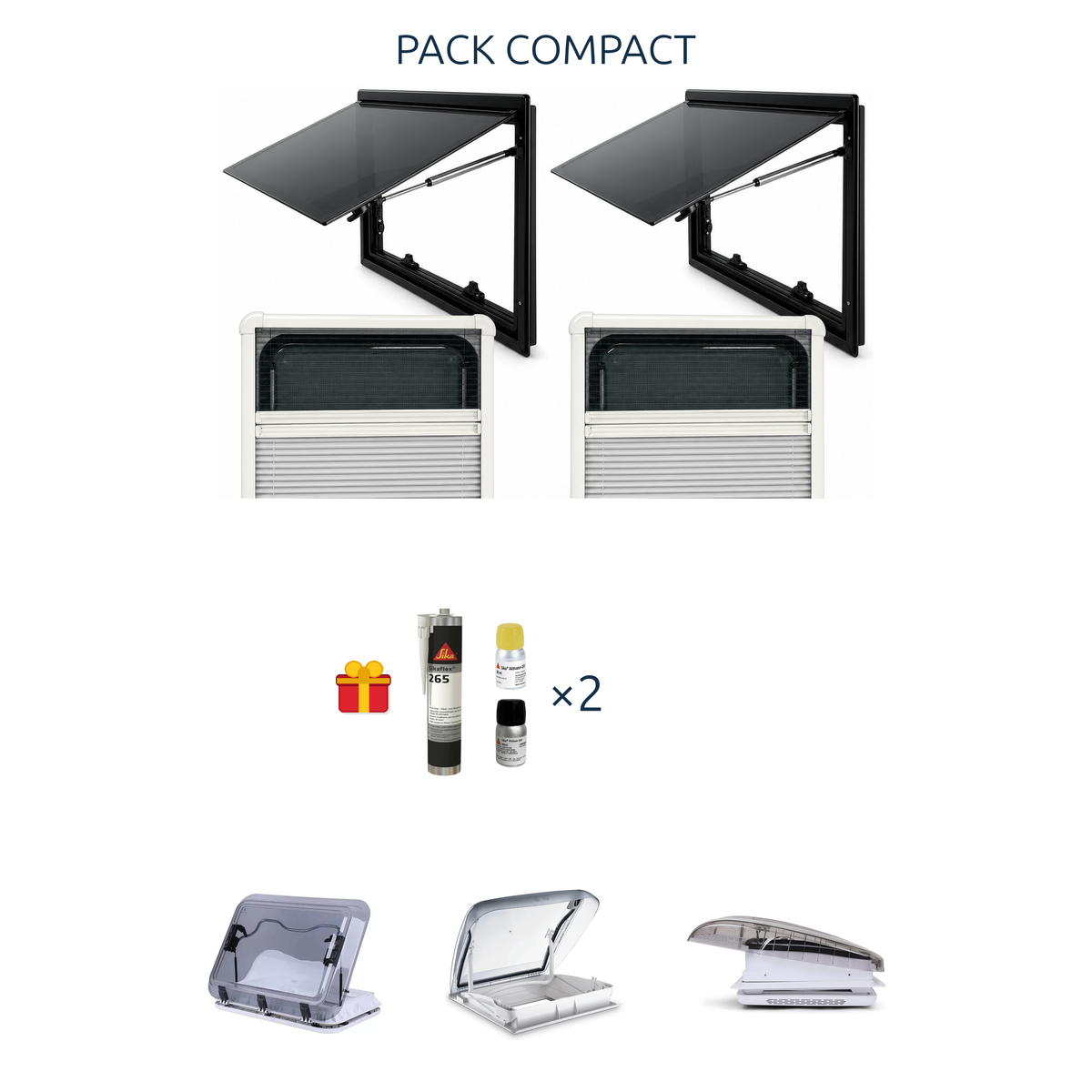 Visuel pack compact square 2 laterales options 3 lanterneaux sika x2 offert.png : fenêtres, cadres, kit Sika offert et options lanterneaux