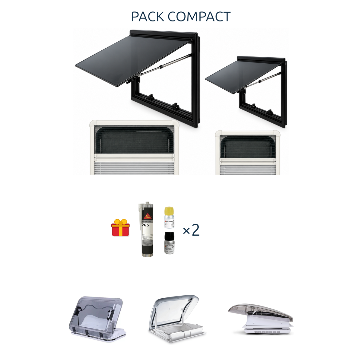 Visuel pack compact square laterale arriere options 3 lanterneaux sika x2 offert.png : fenêtres, cadres, kit Sika offert et options lanterneaux