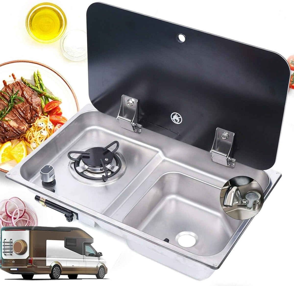 Pack Evier Inox combiné 1 feu gaz + Pompe à eau 12v - Vanlife-Store