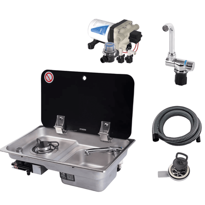 Combinatiepakket roestvrijstalen spoelbak 1-pits gas + Waterpomp 12v