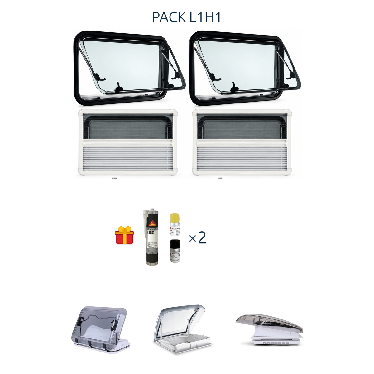 Visuel pack l1h1 light 2 laterales options 3 lanterneaux sika x2 offert.png : fenêtres, cadres, kit Sika offert et options lanterneaux