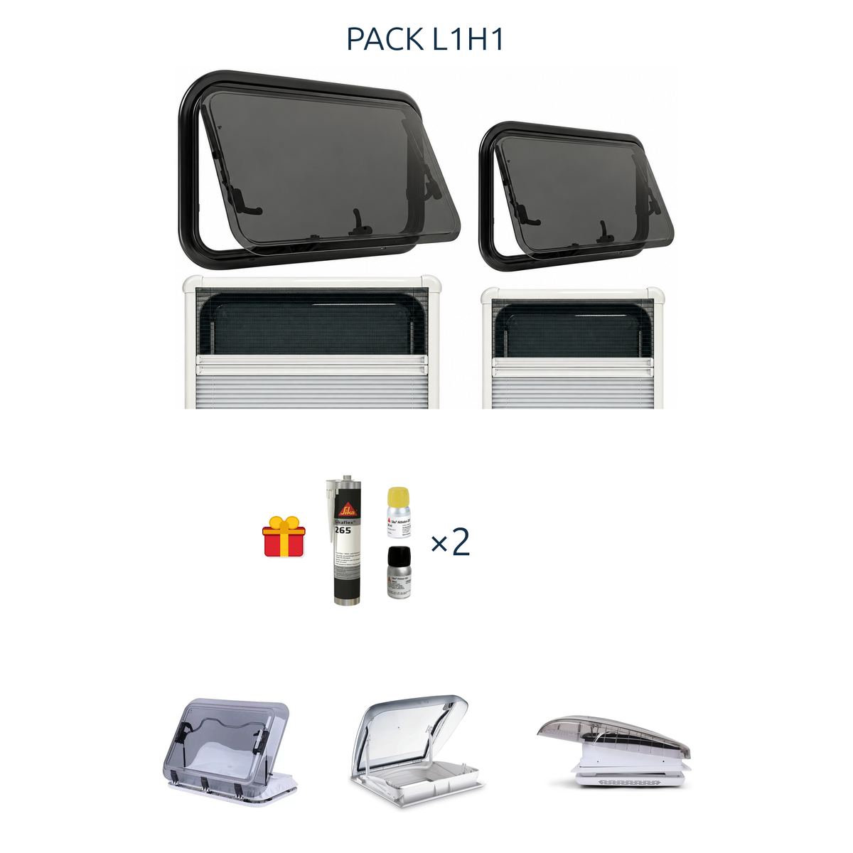 Visuel pack l1h1 shade laterale arriere options 3 lanterneaux sika x2 offert.png : fenêtres, cadres, kit Sika offert et options lanterneaux