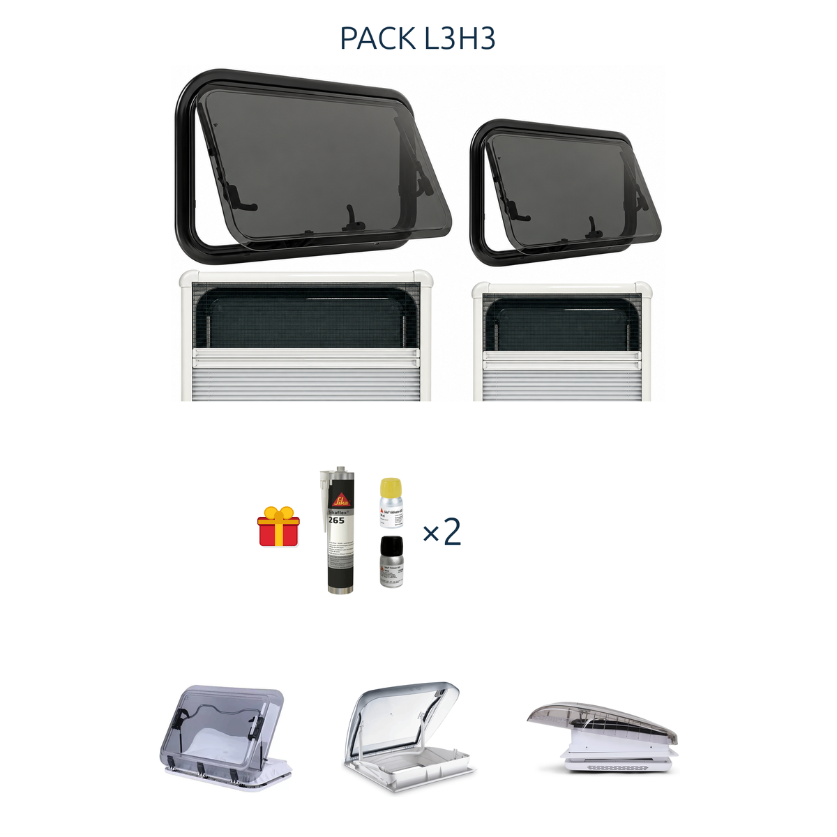 Visuel pack l3h3 shade laterale arriere options 3 lanterneaux sika x2 offert.png : fenêtres, cadres, kit Sika offert et options lanterneaux