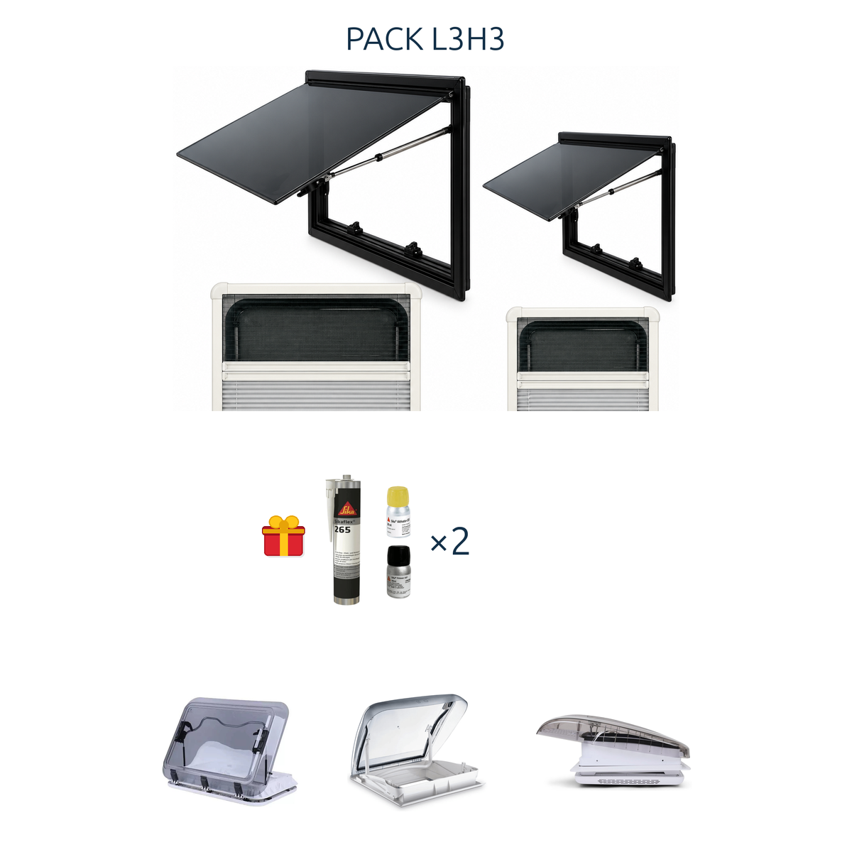 Visuel pack l3h3 square laterale arriere options 3 lanterneaux sika x2 offert.png : fenêtres, cadres, kit Sika offert et options lanterneaux