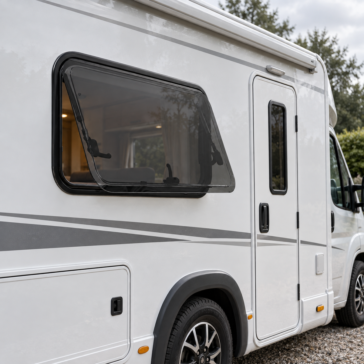 Vanshade installed on a flat motorhome wall — illustration