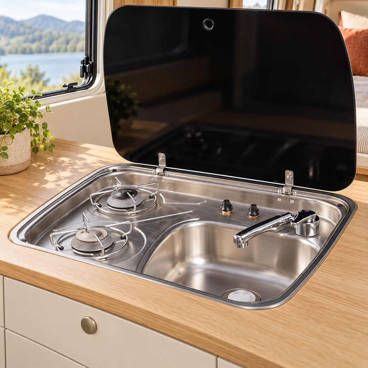Evier Inox - Combiné Réchaud 2 feux gaz - LxP : 60x44 cm — illustration