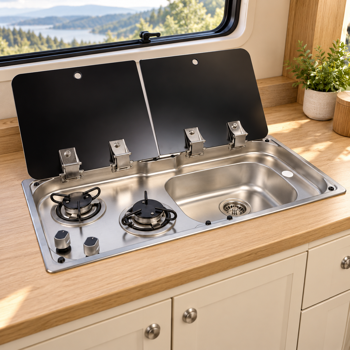 Evier combiné 2 feux gaz - Inox / Verre trempé - LxP : 77x36 cm — illustration