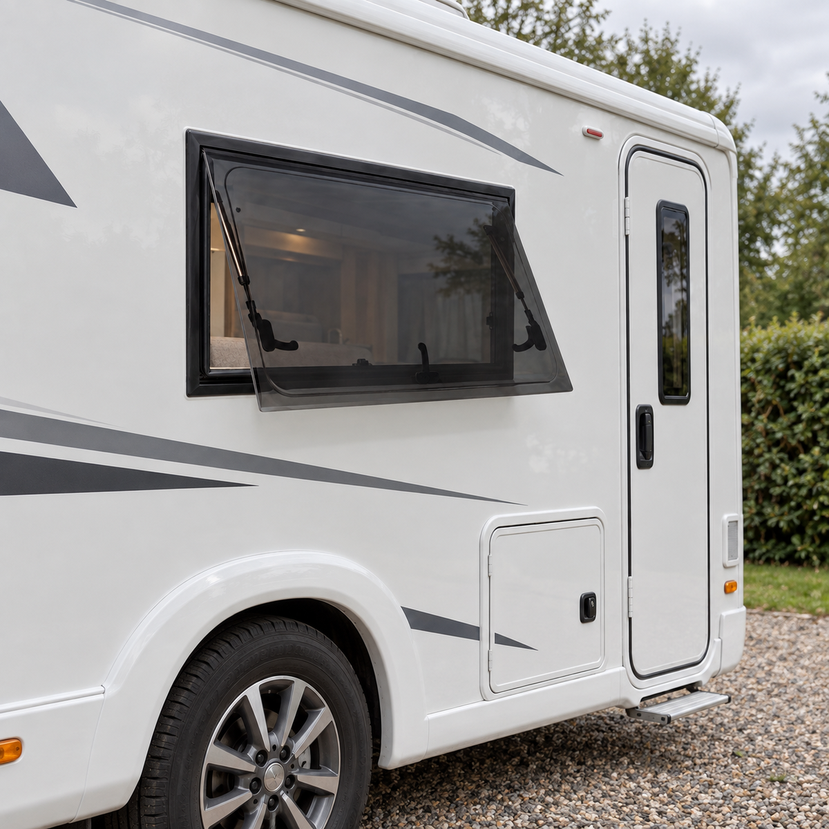 Vansquare installed on a flat motorhome wall — illustration