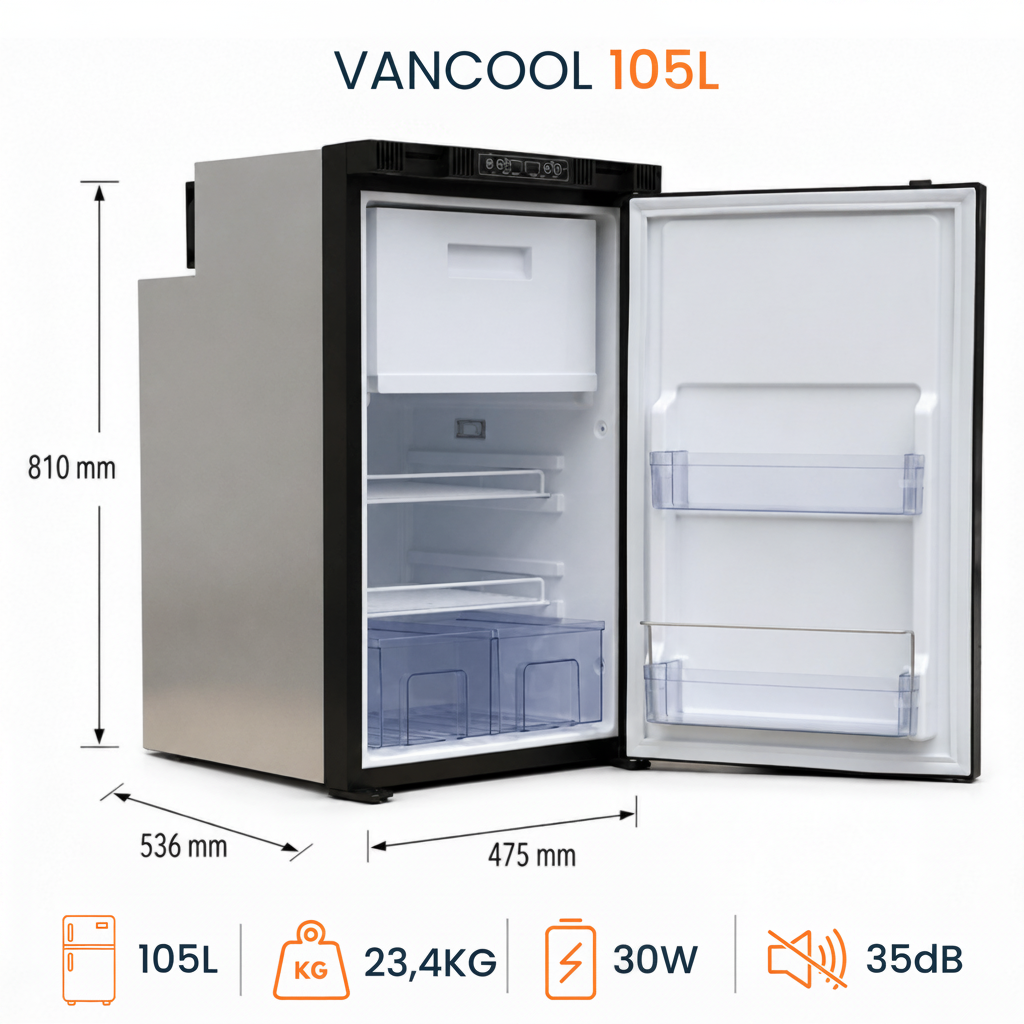 VANCOOL 105L - Frigo à Compression 12/24/230V - HxLxP : 81x47,5x53,5cm - Vanlife-Store