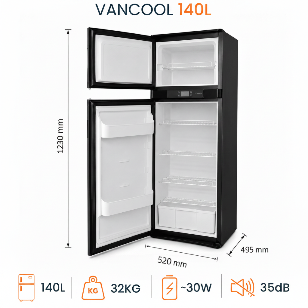VanCool 140L - Réfrigérateur / Congélateur à compression 12/24v (123×52×49 cm) - Vanlife-Store