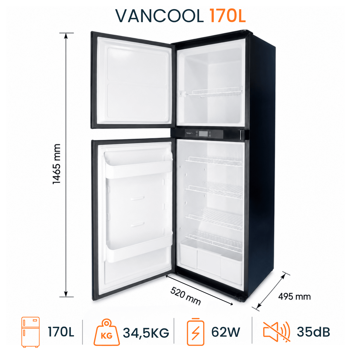 VanCool 170L - Réfrigérateur / Congélateur à compression 12/24v (146×52×49 cm) - Vanlife-Store