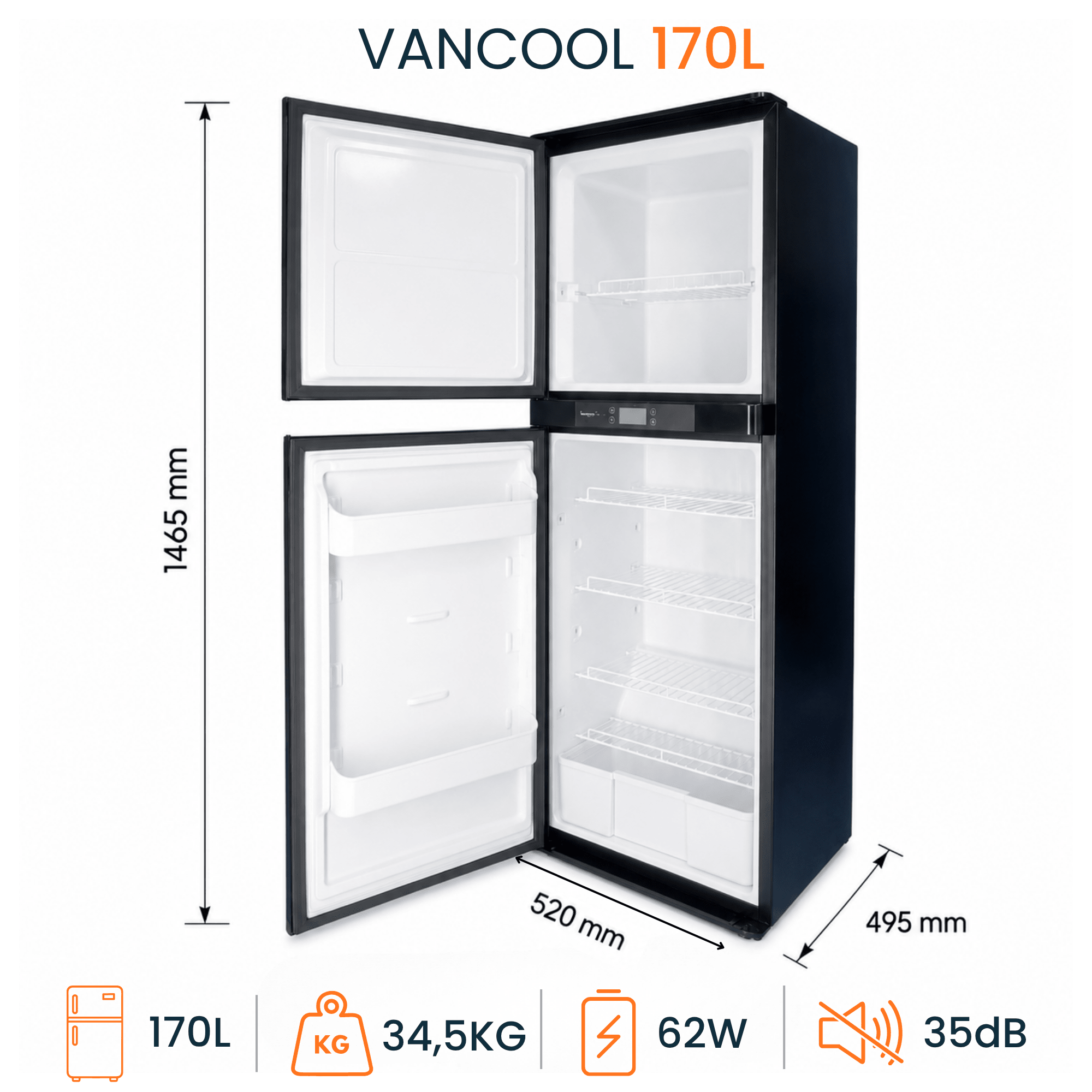 VanCool 170L - Réfrigérateur / Congélateur à compression 12/24v (146×52×49 cm) - Vanlife-Store