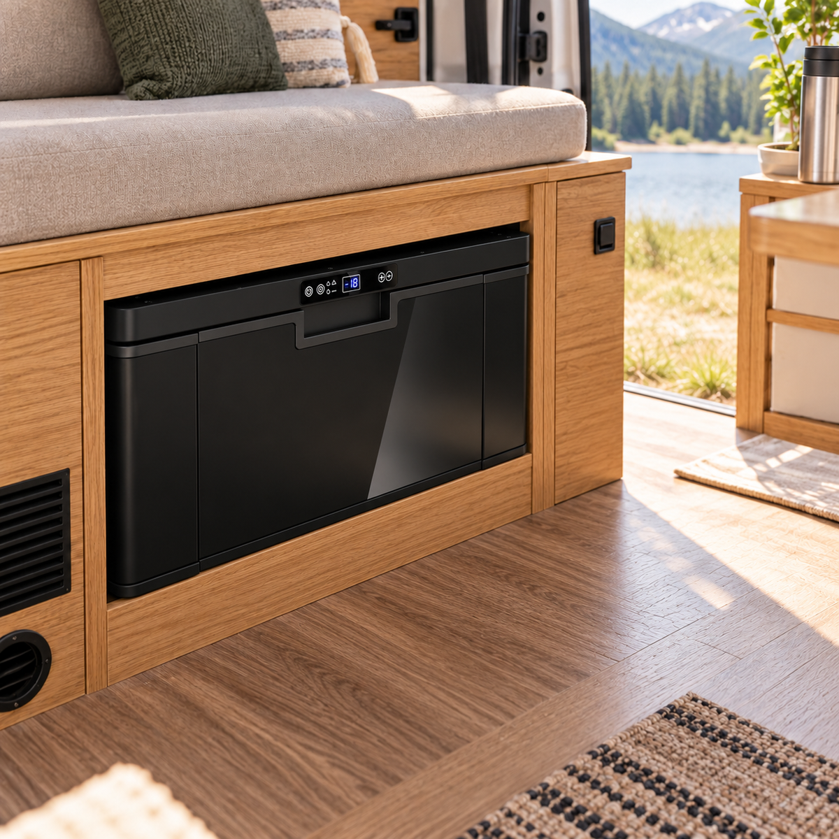 VanCool 40L DRG installé sous une banquette de van aménagé, tiroir fermé