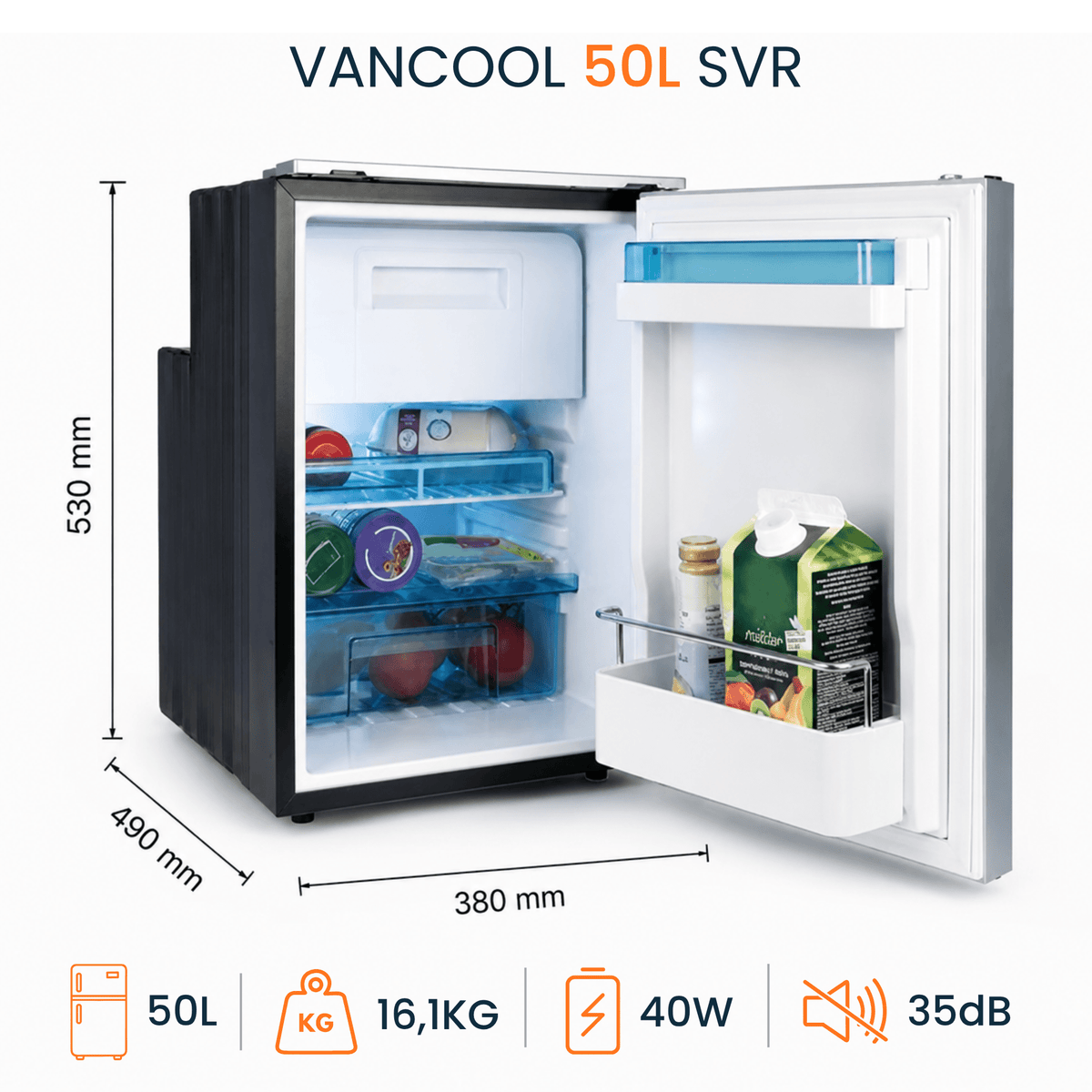 VANCOOL 50L SVR - Frigo à compression 12/24/230v - LxHxP : 38x53x49 cm (40W) - Vanlife-Store