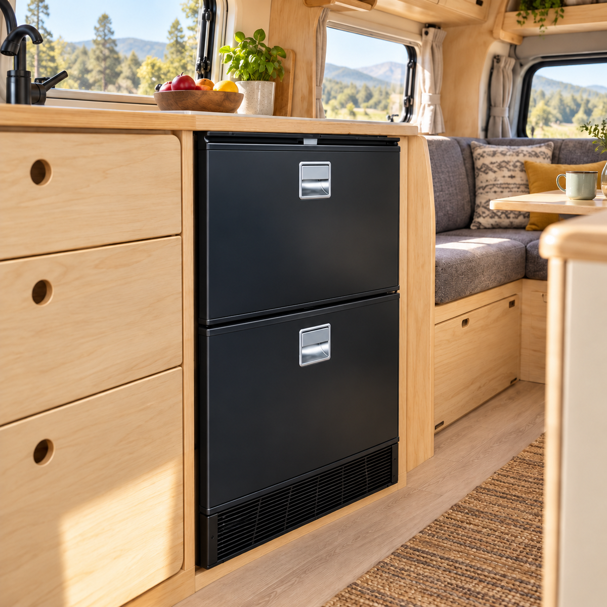 VanCool 70 L fermé, installé dans une cuisine de camping-car