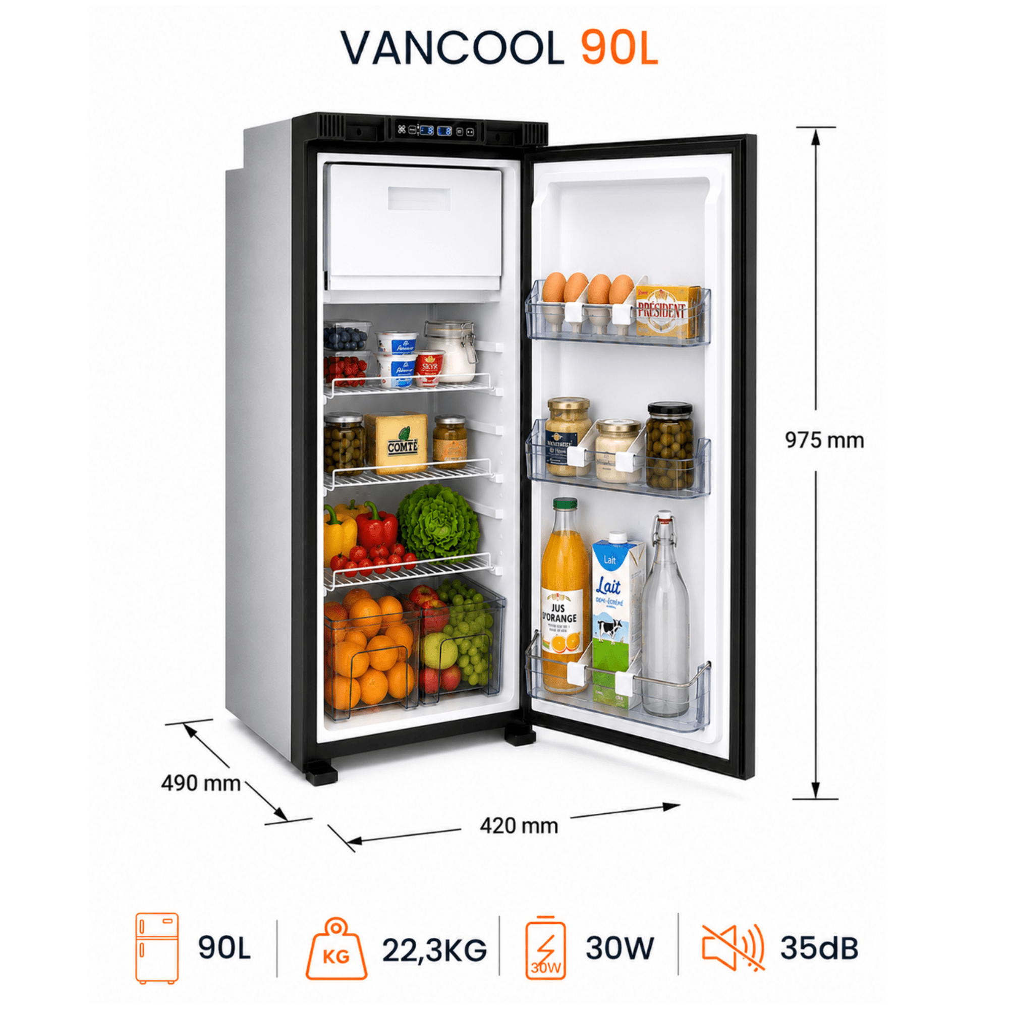 VANCOOL 90L DCR - Frigo à compression 12/24/230v - HxLxP : 97,5×42×49 cm - Vanlife-Store