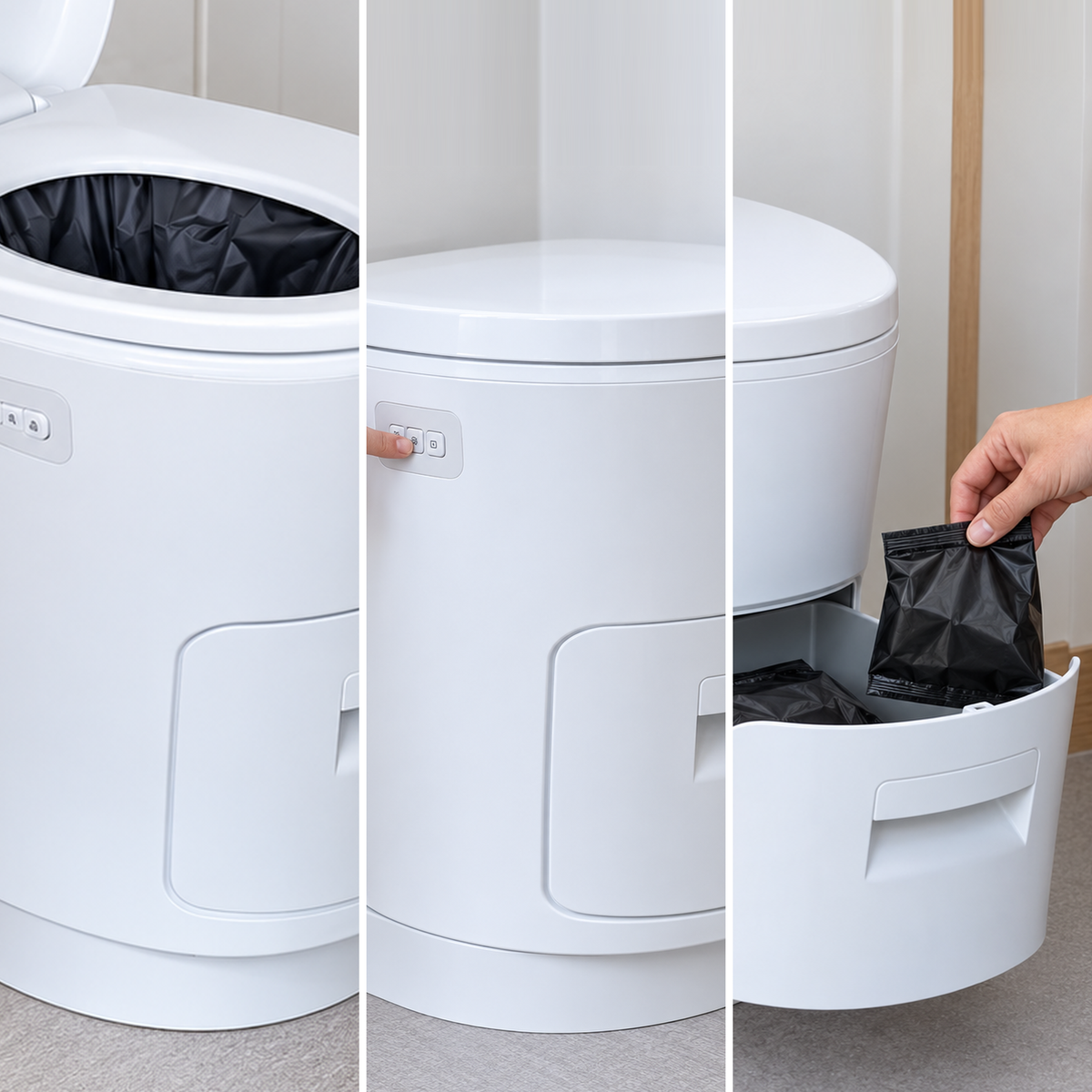 Fonctionnement de la toilette à sac soudé en trois étapes — illustration